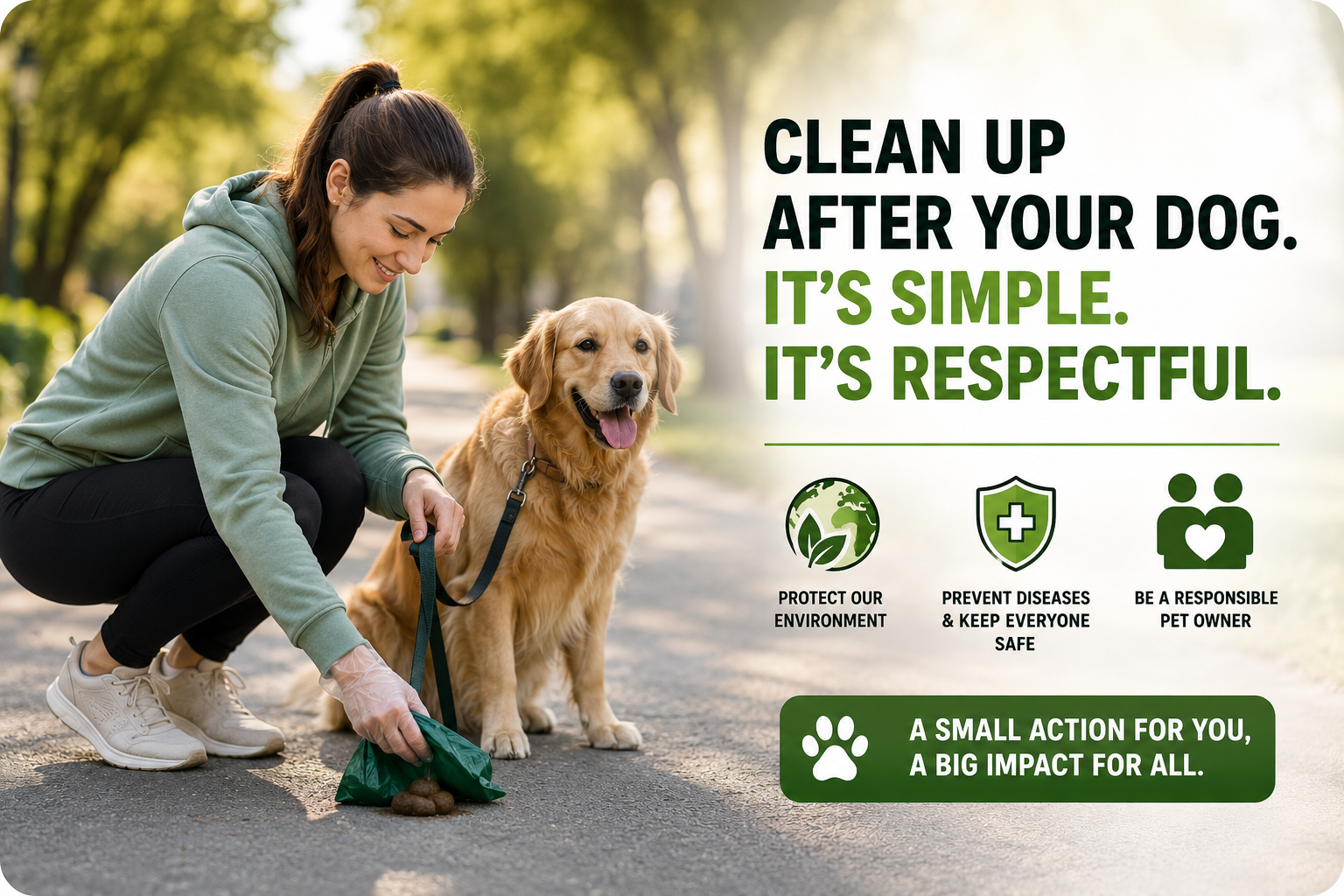 Woman cleaning up after her dog with a waste bag